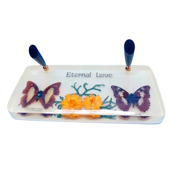 Vintage Lucite Desk 2 Pen Holder "Eternal Love" Real Butterflies & Flowers - Picture 1 of 6